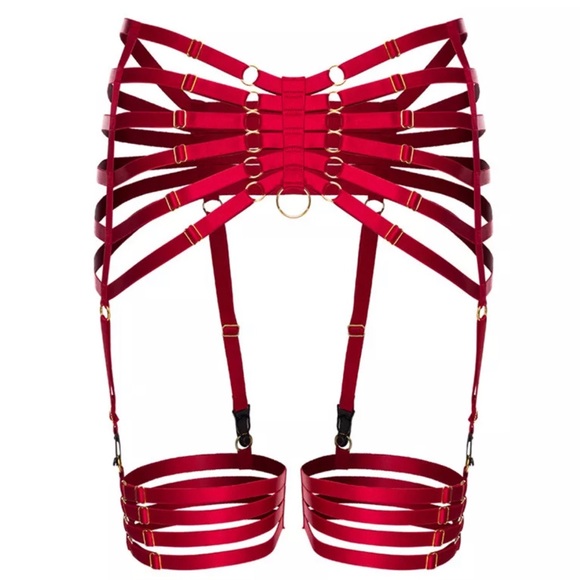 Red Garters Belt Body Harness BDSM Bondage Stockin - Picture 1 of 4